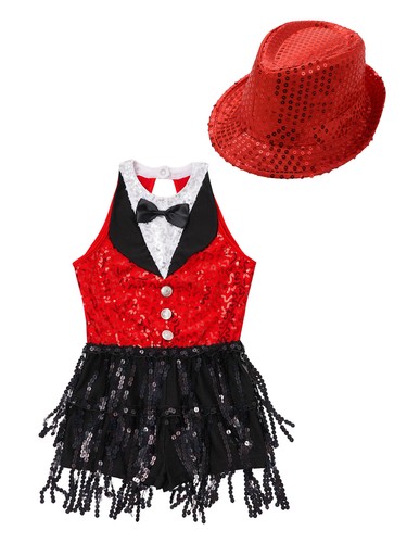 UK Girls Sequins Ballet Jazz Dance Dress Tassel Latin Hip Hop Rumba with Hat Set - Picture 54 of 69