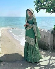 Reception Wear Pure Heavy Chinnon Sea Green Top Palazzo With Dupatta For Women