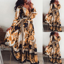 Women's Long Sleeve Button Down Long Maxi Shirt Dress V Neck Blouse Tops Dress