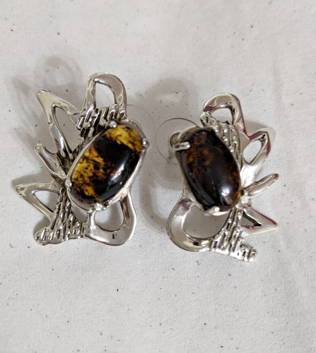 TAXCO MEXICO OSCAR ESCORCIA SIGNED 950 STERLING SILVER DESIGNER EARRINGS; AMBER - Picture 7 of 24