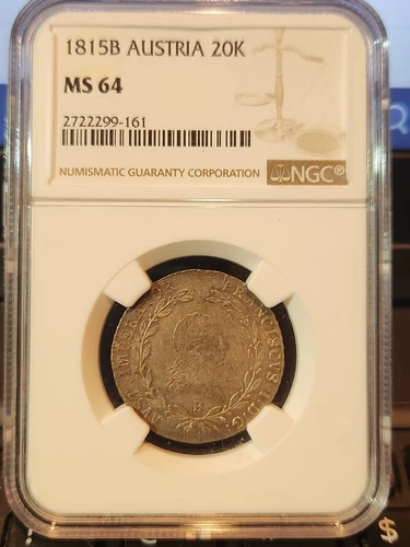 1815 B Austria 20 Kreuzer NGC MS64 KM-2142 Sharp Detail Nice Luster Top Pop 3/0!