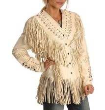 Women Cream Cowhide Antique Cowlady Jacket Fringe & Pearls Coat