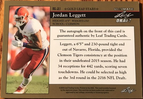 2017 Leaf Ultimate Draft Flashback ‘92 Rookie Autographs Jordan Leggett #BG-JL1 - Picture 2 of 2