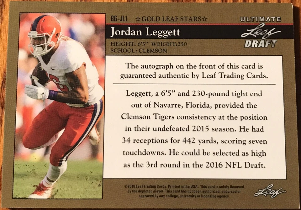 2017 Leaf Ultimate Draft Flashback ‘92 Rookie Autographs Jordan Leggett #BG-JL1 - Image 2 of 2