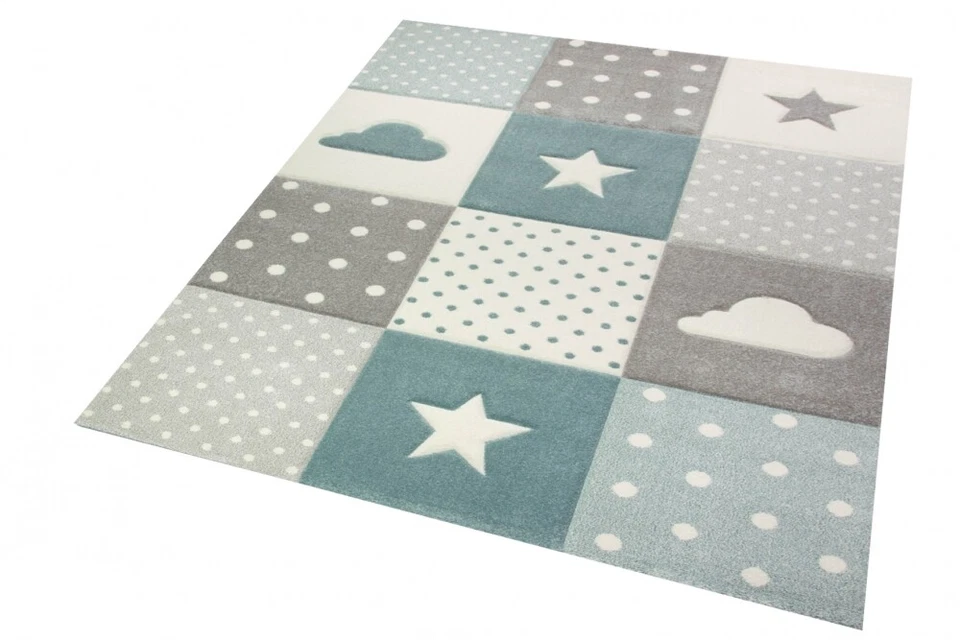 Kinderteppich Junge Teppich Kinderzimmer mit Stern Wolke in Türkis Grau Creme - Bild 2 von 4