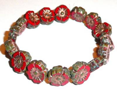 Hibiscus Flower Ruby Red Czech Glass Beads w/ Picasso Finish & Copper Wash 9mm