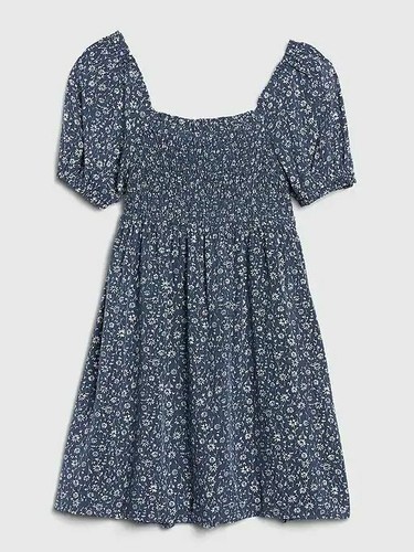 New Gap Kids Girls Blue Floral Puff Sleeve Square Neck Smocked Babydoll Dress 8 - Picture 2 of 3