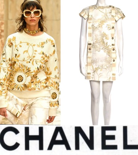 New Chanel 2018 Greece White Denim Gold Leather Mini Dress 34 36 2 4 Logo 18c S - Picture 5 of 22