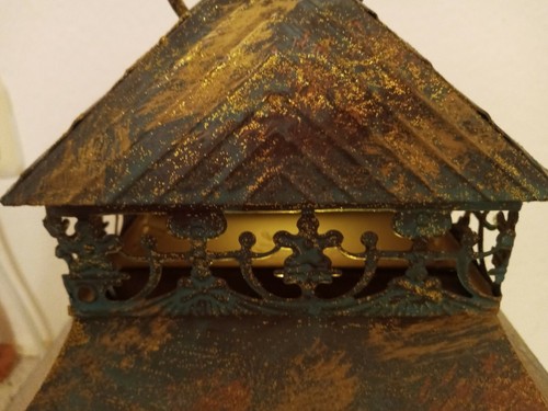 romantische Laterne,Glaseinsätze,metallisiert.Finish Gold + LED-Kerze,Timer - Bild 3 von 8