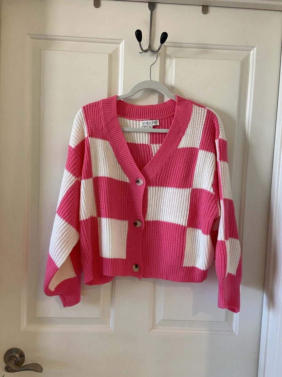 She u0026amp; Sky Womens Checkered Cardigan Sweater Pink And White Size Small |  eBay