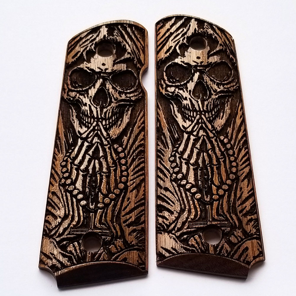 1911 full size custom engraved walnut wood grips Skull Grim Reaper