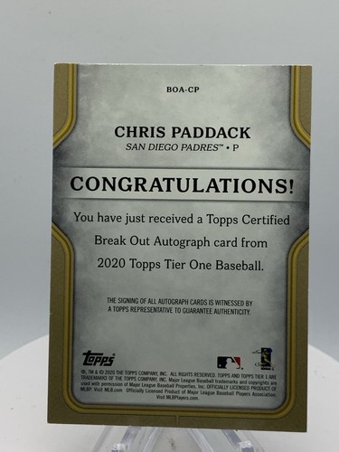 2020 Topps Tier One Break Out Autographs #BOACP Chris Paddack Auto /299 Padres - Picture 2 of 2