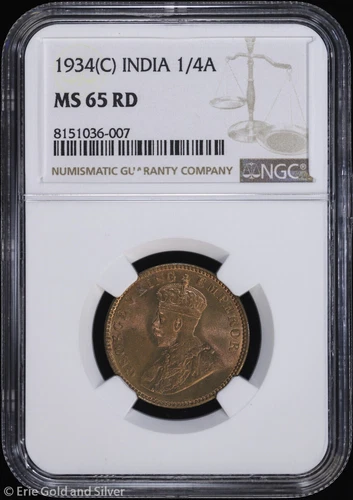 1934-(C) India 1/4 Anna NGC MS 65 RD | Toned Uncirculated UNC BU
