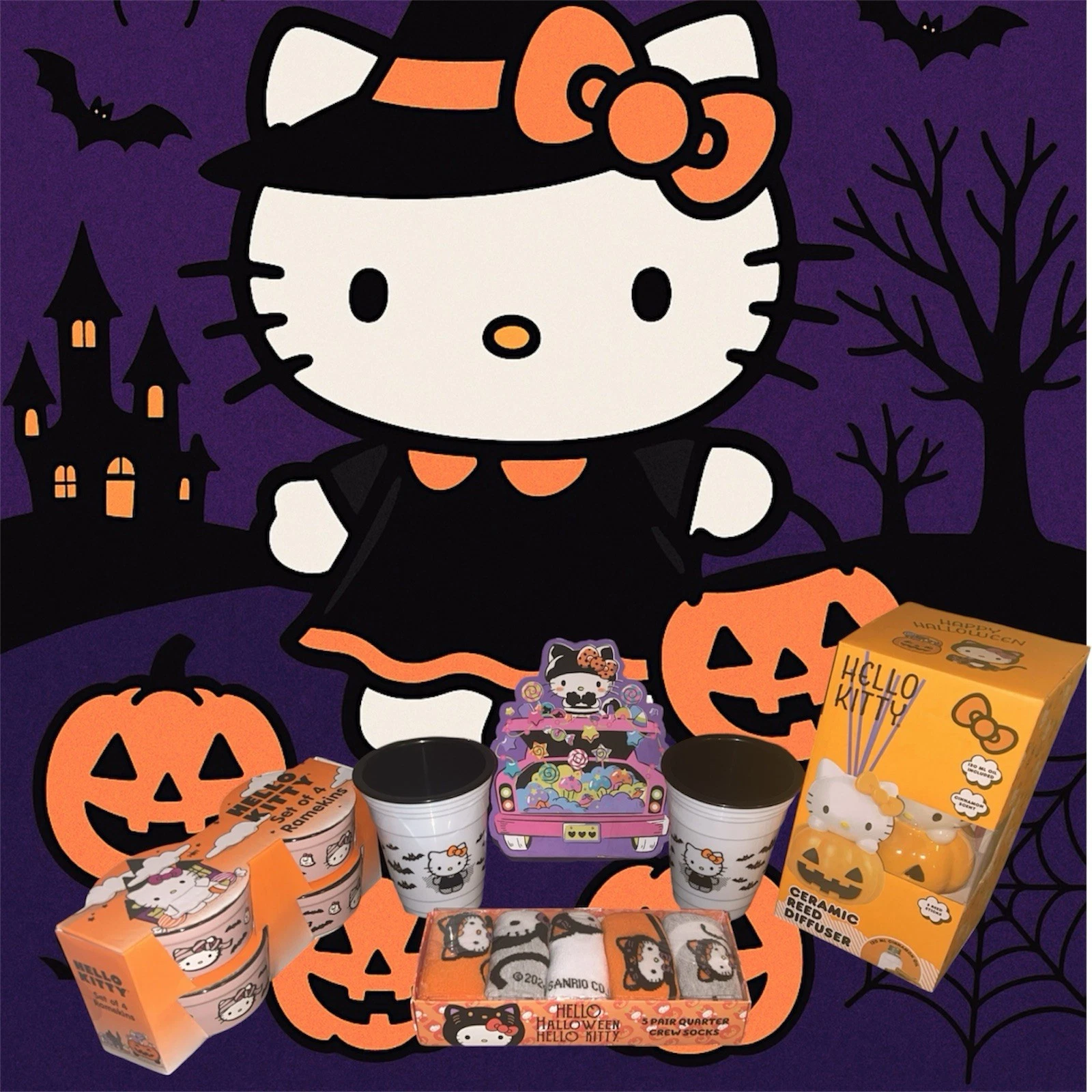 Hello Kitty Halloween Decor Lot Defuser - Bowls - Socks - Spooky Cups - Wall Art