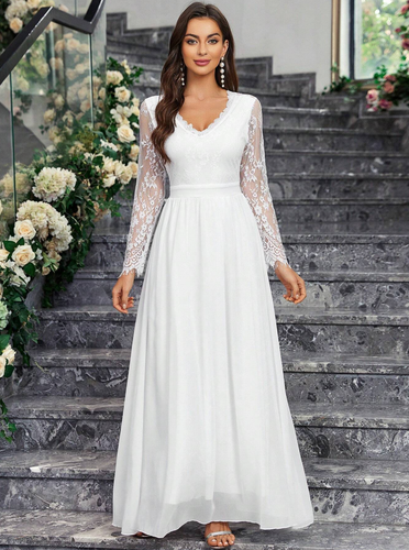 Vestido Blanco Largo Para Mujer de Novia Boda Quinces Damas de Honor de Encaje - Picture 3 of 9