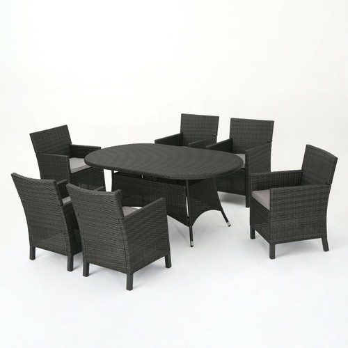 Cyril Outdoor 7 Piece Wicker Round Dining Set with Water Resistant Cushions - Picture 6 of 30