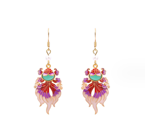 Jade Enamel Pearl Dangle Earrings Boho Goldfish Dainty Gemstone 18K Gold Plated - Picture 3 of 6