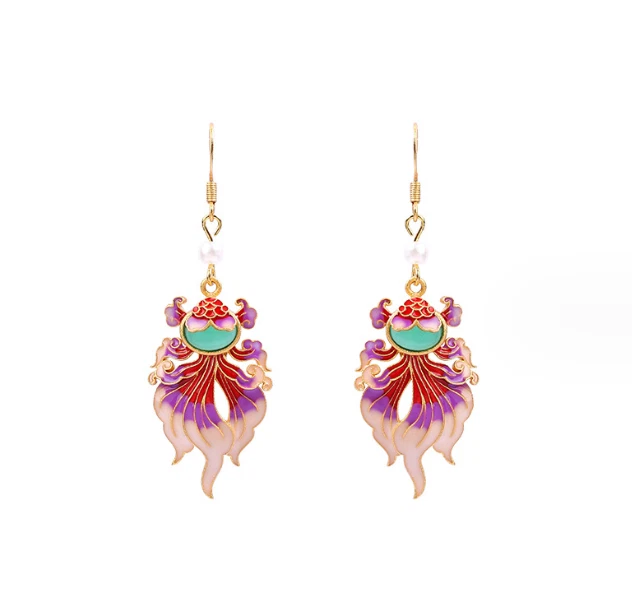 Brincos pendurados de pérola esmaltada de jade boho peixinho dourado pedra preciosa delicada folheada a ouro 18K - Imagem 3 de 4