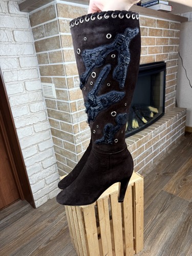 Prada Brown Suede Beads Knee High Heels Zip Boots Size US9 EU39 - Picture 7 of 19