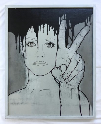 ERIK JONES Large Framed Painting Comic Book Artist. Peace Sign Girl Signed 2007 - 第 1/9 張圖片