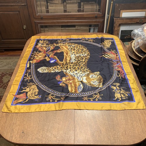 SALVATORE FERRAGAMO Tiger Big Cat Floral Resort Black Gold Silk Scarf 34” AS IS - Picture 2 of 21