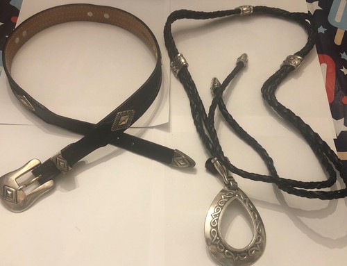 SET ZWEI schwarze Leder silberfarbene Schnalle Split Lasso Seil & Cimarron Gürtel SM