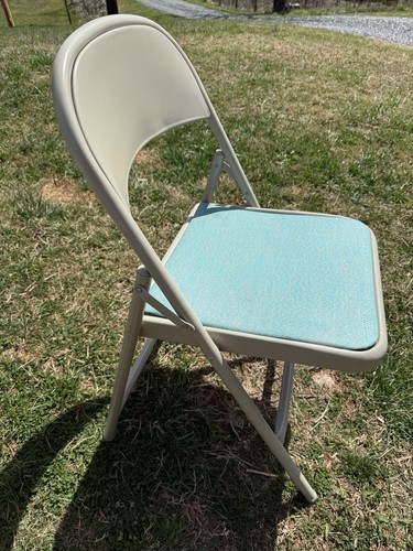 🍊Vintage Lot of 4 MCM Durham Metal Folding Chairs w/ Green Vinyl Seats Beige - Picture 14 of 21