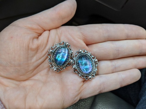 Vtg Whiting & Davis Silver Tone Abalone Glass Gripoix Cabochon Clip On Earrings - Picture 2 of 11