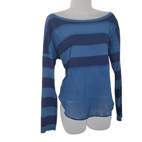Camisa para mujer FREE PEOPLE TALLA S azul marino a rayas encaje dobladillo redondo manga talla grande - Imagen 9 de 10