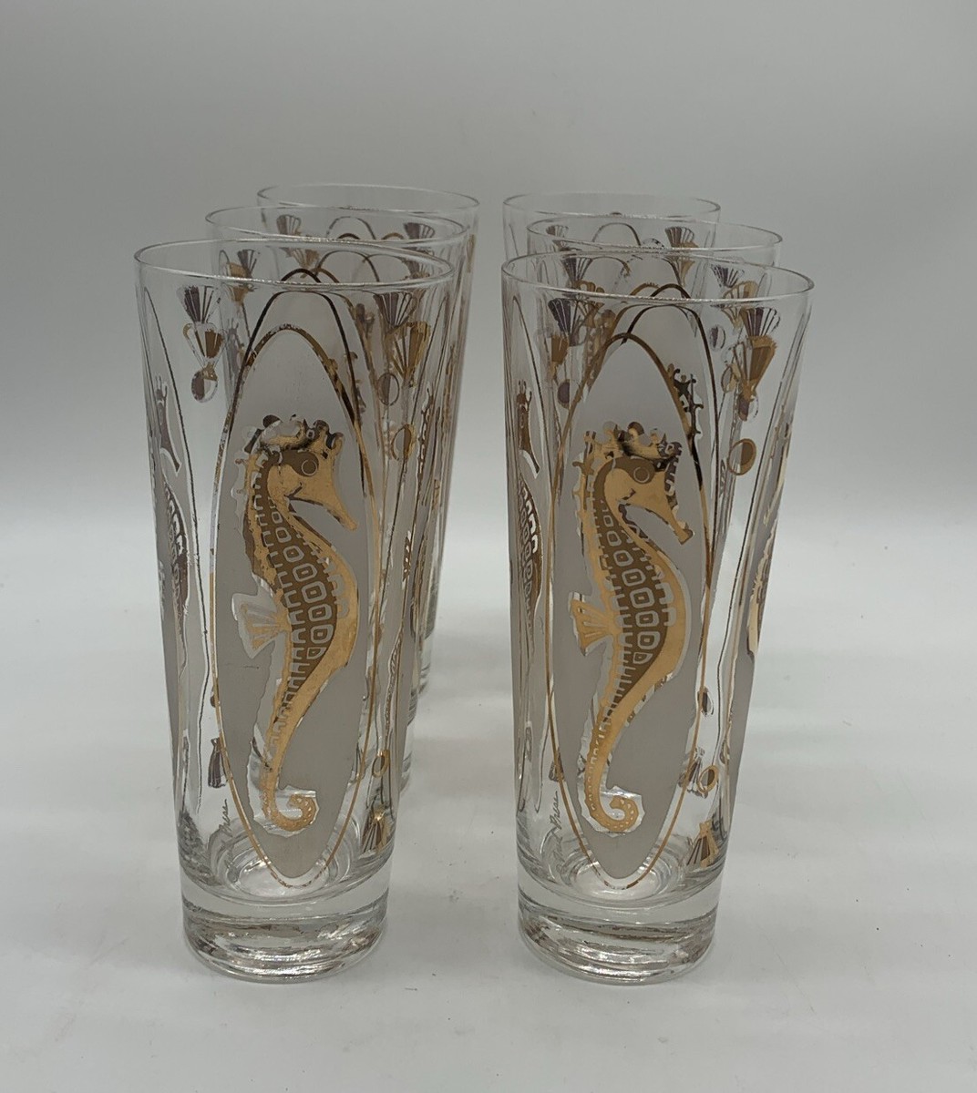 Vintage Signed Fred Press Gold Seahorse Collins Glasses Set