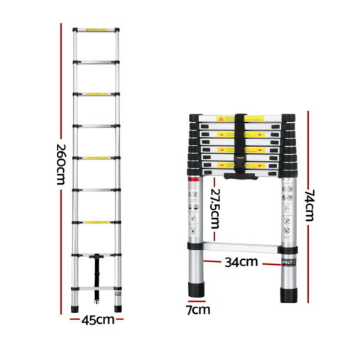 Giantz 2.6M Telescopic Ladder Aluminium Extension Extendable Steps Adjustable - Picture 3 of 9