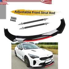 Front Bumper Lip Spoiler Splitter Body+Strut Rods Glossy Black For For KIA Stin