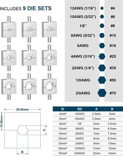 Hydraulic Wire Battery Cable Lug Terminal Crimper- 9 Dies for 12 AWG to 2/0 Elec - Picture 3 of 6