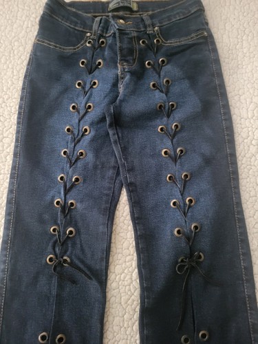 Jeans vintage Y2k vita bassa svasati denim elasticizzato stringato spacco gamba D Vergiani - Foto 10 di 18