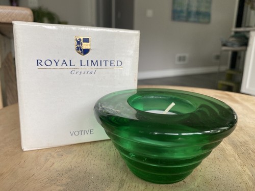 ROYAL LIMITED ITALY dark GREEN CRYSTAL GLASS CANDLE tealight BANDED ART DECO - Picture 2 of 10
