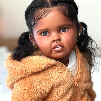 Artist Painted 30'' Reborn Doll Cute Baby Girl Dark Skin Rooted Hair Cloth Body