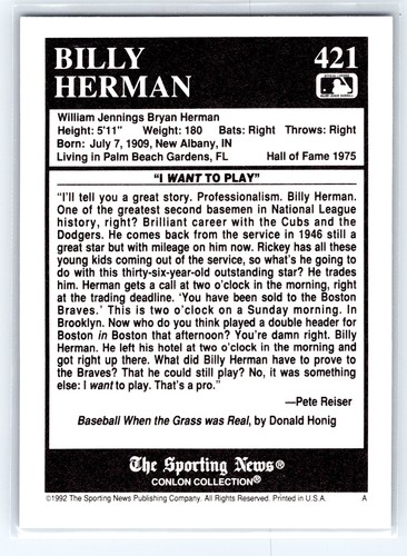 1992 Conlon Collection TSN #421 Billy Herman - Picture 2 of 2