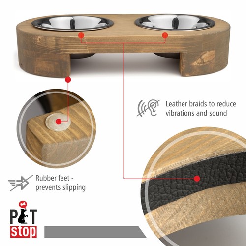 Pet Food Water Bowls for Dogs Cats Puppies Pine Wood Holder 2 Stainless Steel - Picture 5 of 7
