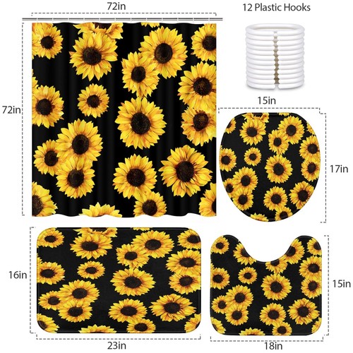 Set of 4 Sunflower Shower Curtain with Rugs Bathroom Accessories with 12 Hooks - Picture 3 of 7