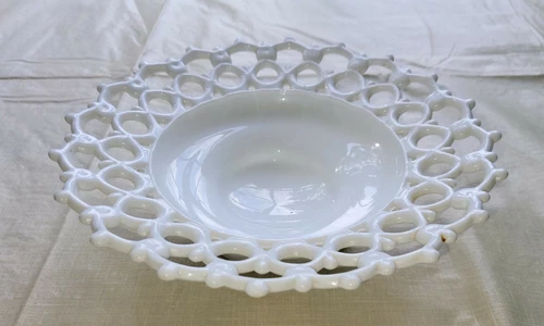 Vintage Lattice Double Lace Edge Milk Glass Bowl Compote 10" Diameter