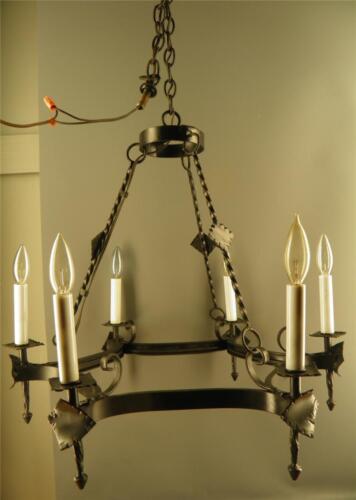 ANTIQUE GOTHIC BLACK IRON ARTS & CRAFTS 6 LIGHT CHANDELIER LIGHT FIXTURE - Picture 1 of 12