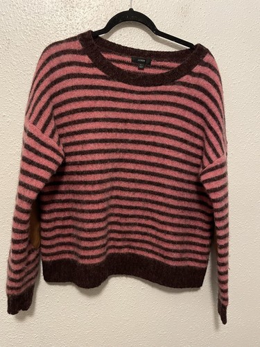 Maglione J Crew lana rosa e marrone a righe toppa gomito preppy L - Foto 4 di 6