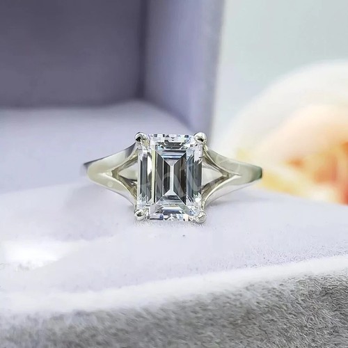 3.08 Ct Certified Emerald Cut Solitaire Off White Diamond 925 Silver Ring,