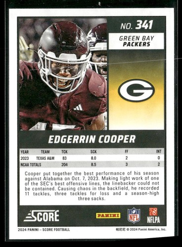 2024 Puntuación #341 Edgerrin Cooper Green Bay Packers Novato - Imagen 2 de 2