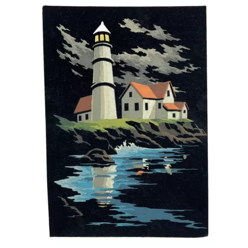 Vintage Oil Painting On Velvet Lighthouse Ocean Waves MCM VTG