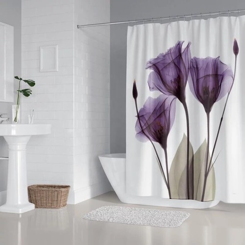 Purple Shower Curtain Rugs Toilet Lid Cover Bath Mat with 12 Hooks - Picture 6 of 8