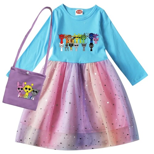 Sprunki- Clothes Kids Dresses Long Sleeve Dress Children Princess Birthday Mesh - Picture 32 of 36