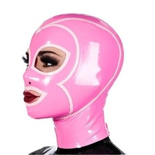 Pink Latex Rubber Hood with Trim Zipper Back Full Face Mask Cosplay Club Wear US