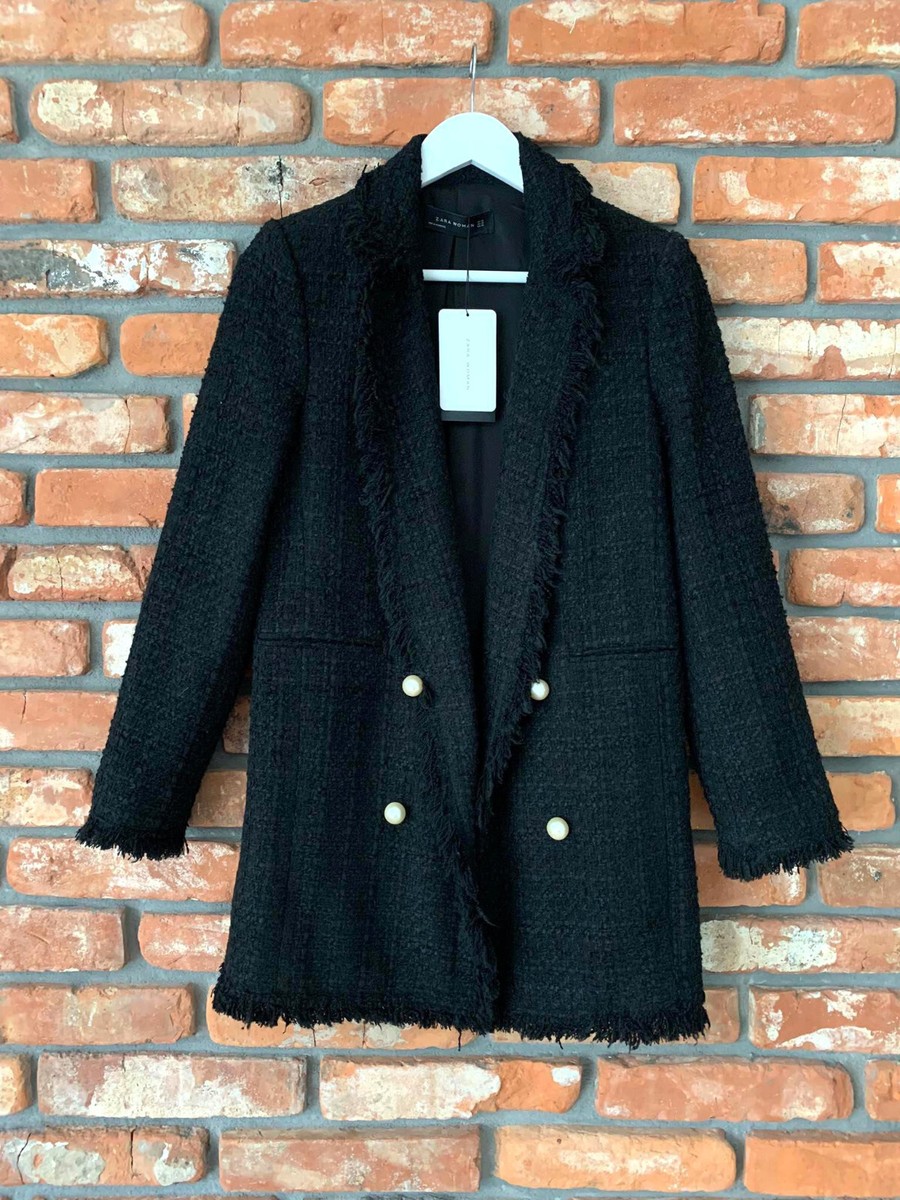 その他 YY6639 A537 ZARA BLACK COAT PEARLS FRAYED TWEED BOUCLE BUTTONS
