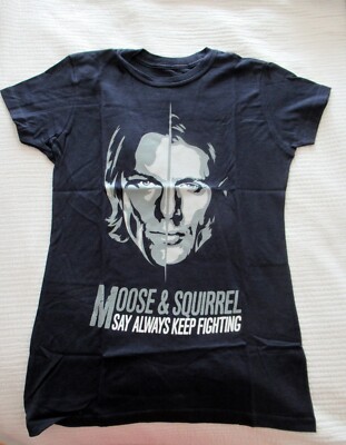 Moose & Squirrel Say Always Keep Fighting women's t-shirt dark blue Small NEW